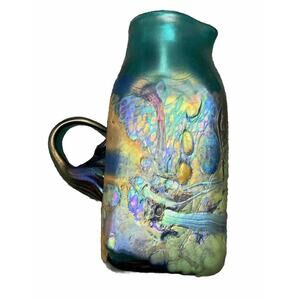 Small Blown Glass Pitcher Teal Iridescent Glass Handle Peacock Colors 5.75”
